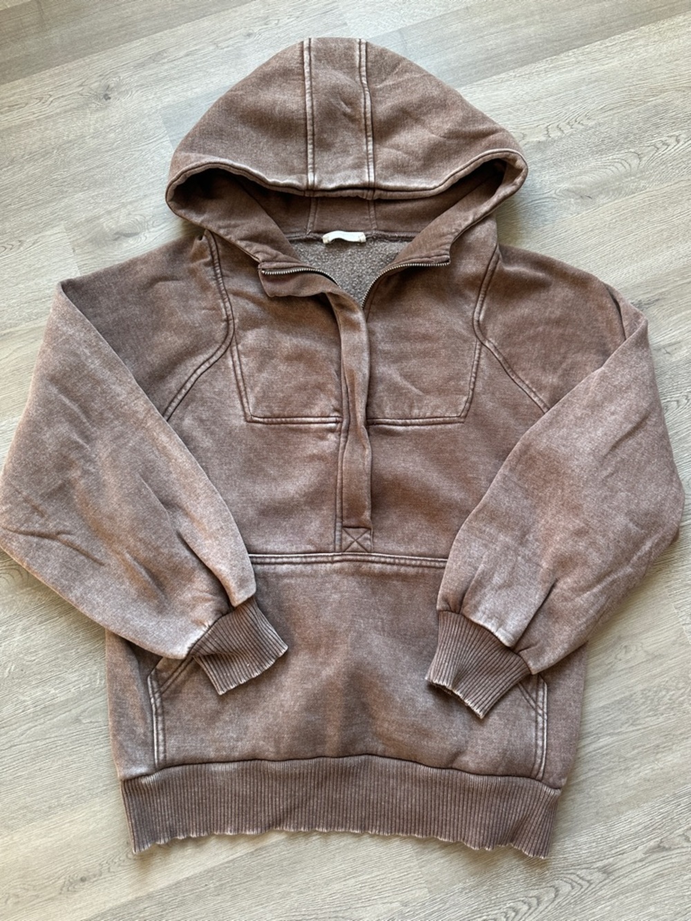 Washed Brown Hooded Pullover Sweatshirt